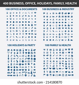 400 business, office, holidays, family, health, travel isolated icons, signs, vectors, illustrations, silhouettes set, vector