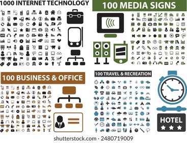 400 icons set. Outline illustration of 200 Business and Media, 200 Internet and Office and Travel icons vector set isolated on white background.