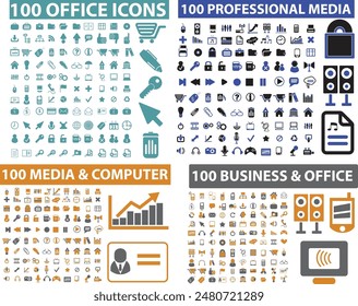 400 icons set. Outline illustration of 200 Business and Media, 200 Internet and Office and White Signs icons vector set isolated on white background.