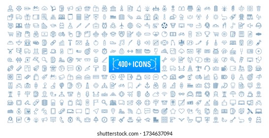 400 Line art set with icon set. Thin line. Social media, technology, seo, logistic, education, sport, medicine, travel, weather, construction, finance, contact us, music. Vector stock illustration.