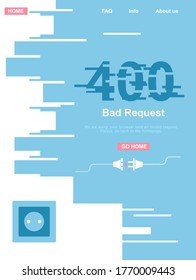 400 system error. Bad or invalid request. Website template. Disconnected,cut,torned wires from the outlet. Vector cable, power socket and cord plug in flat style. Technical problem. Support service