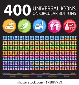 400 ícones universais em botões circulares.