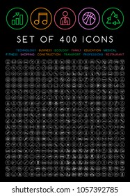 400 Universal Thin Line Black Icons on Circular Buttons ( Business , Multimedia, Education, Ecology, Medical, Fitness, Family, Construction, Transport, Professions, Travel, Restaurant, Hotel )