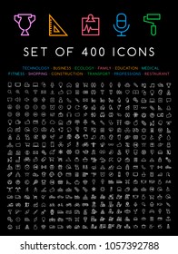 400 Universal Thin Line Black Icons on White Background ( Business , Multimedia, Education, Ecology, Medical, Fitness, Family, Construction, Transport, Professions, Travel, Restaurant, Hotel )
