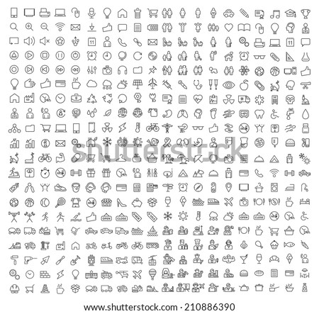 400 Universal Thin Line Black Icons on White Background ( Business , Multimedia, Education, Ecology, Medical, Fitness, Family, Construction, Transport, Professions, Travel, Restaurant, Hotel )