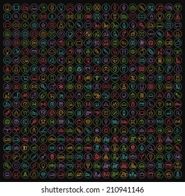 400 Universal Thin Line Colored Icons on Circular Buttons ( Business , Multimedia, Education, Ecology, Medical, Fitness, Family, Construction, Transport, Professions, Travel, Restaurant, Hotel )