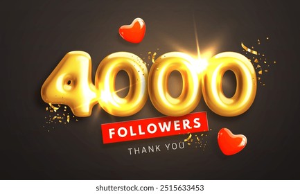 4000 followers celebration banner. Thank you 4k follower peoples. Glossy golden 3d numbers and red hearts in realistic style. Design for channel, group in social network. Vector illustration