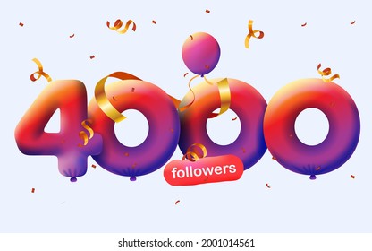 4000 seguidores te agradecen los globos azules 3d y los confetti coloridos. Ilustración vectorial 3d números para los medios sociales 4K seguidores, Gracias seguidores, blogger celebra suscriptores, me gusta