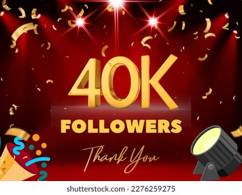 40000 followers thank you celebration golden 40k icon on the red background with the confetti, gold ribbon for social media post