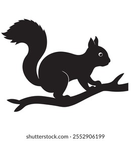 4000x4000 pixel A black silhoutte Squirrel on tree walking on a isoleted white background