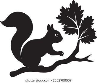 4000x4000pixel A black silhoutte Squirrel on tree walking on a isoleted white background