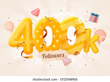 400k or 400000 followers thank you Pink heart, golden confetti and neon signs. Social Network friends, followers, Web user Thank you celebrate of subscribers or followers and likes.