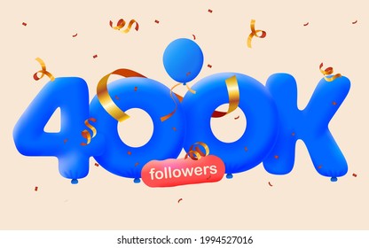 400K seguidores agradecen los globos azules 3d y los confetti coloridos. Ilustración vectorial 3d números para medios sociales 400000 seguidores, Gracias seguidores, blogger celebra suscriptores, me gusta