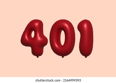 401 3d number balloon made of realistic metallic air balloon 3d rendering. 3D Red helium balloons for sale decoration Party Birthday, Celebrate anniversary, Wedding Holiday. Vector illustration