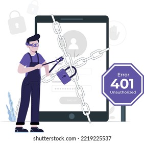 401 error, unauthorized access concept flat design illustration 