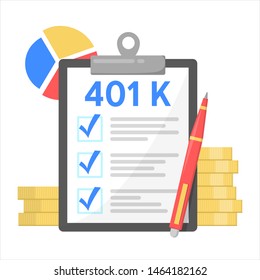 401K Financial Plan, Investment In Retirement. Pension Savings Account Concept. Isolated Vector Illustration In Cartoon Style