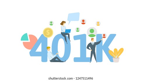 401K pension account, retirement. Acronym with characters, letters and text. Colored flat vector illustration on white background.