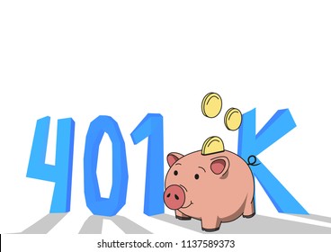 401K pension account, retirement. Concept with piggybank and letters. Colored flat vector illustration on white background.