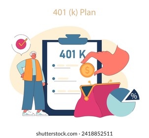 401(k) Plan concept. A mature individual reviews contributions to their retirement plan, emphasizing the importance of financial foresight. Flat vector illustration.