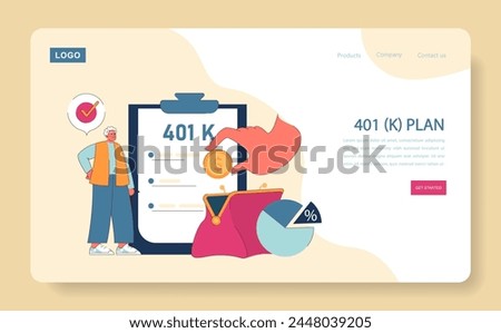 401(k) Plan concept. A mature individual reviews contributions to their retirement plan, emphasizing the importance of financial foresight. Flat vector illustration.