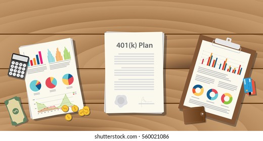 401(k) plan illustration concept with paperwork with graph and chart and money calculator on top of the table