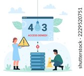 403 error, access denied vector illustration. Cartoon tiny people holding warning problem message and traffic cone of construction site, connection disconnect and network denial to load web page