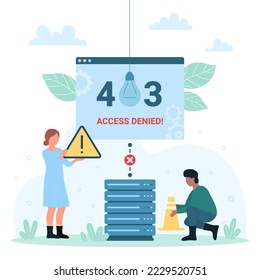 403 error, access denied vector illustration. Cartoon tiny people holding warning problem message and traffic cone of construction site, connection disconnect and network denial to load web page svg