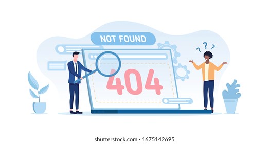 404 Computer Error - Not Found On An Open Laptop Screen With A Confused Black Man And Businessman Trying To Conduct A Web Search, Vector Illustration