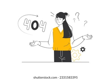 404 concept with people scene in the flat cartoon design. The girl had problems with the Internet page. Vector illustration.