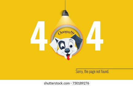 404 connection error with New year concept with smiling dog and light hanging down. Vector illustration