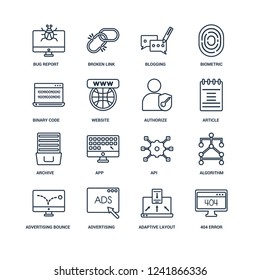 404 error, Adaptive Layout, Advertising, advertising Bounce, Algorithm, Bug report, Binary code, Archive, Authorize outline vector icons from 16 set