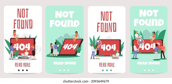 404 error alert on website page on computer and laptop screen, flat vector set. Tiny people sitting and standing around monitor and laptop with Page Not Found warning. System failure illustration.