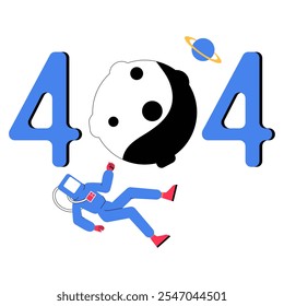 404 Error Con Astronauta Flotando Cerca Del Planeta Yin Yang En Ilustración vectorial Plana Simbolizando Sitio web No Encontrado, Equilibrio Cósmico Y Exploración, Aislado Sobre Fondo Blanco