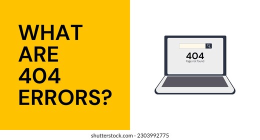 Cartel de error 404 en fondo amarillo y blanco. Elegante página no encontrada Banner con texto negro e icono de portátil para empresas y marketing