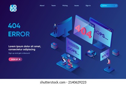 404 Error Concept 3d Isometric Web Landing Page. People Working In Tech Support And Solving Problems And Disconnect Of Internet Page At Computer Screens. Vector Illustration For Web Template Design