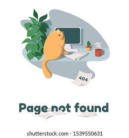 404 error, concept of page not found on white background. Funny red cat dropped a sheet of paper. Template for website. Cartoon vector illustration.