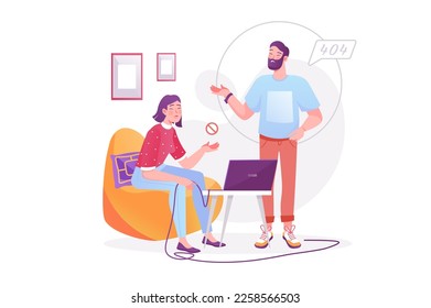 404 error concept with people scene. Upset woman holding laptop cable with internet disconnected problem, man can't fixing connection. Vector illustration with character in modern flat design for web