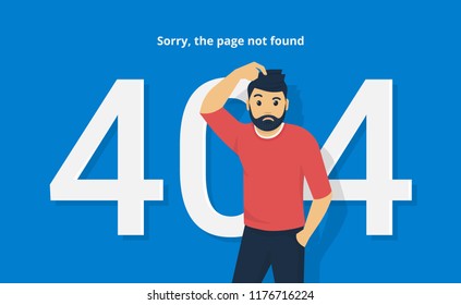 404 error concept vector illustration of sorry man standing near page not found symbol. Flat confused man and white characters 404 on blue background with the text describing problems with website