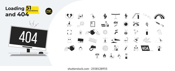 404 error cozy lifestyle outline illustrations mega bundle. Diverse people taking break 2D linear images isolated. Plant, weather, cat, ghost. Stationery still life collection black and white vector