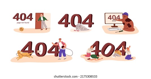 404 error, designs for not found web-page on website. Failure, problem message for site. Access failed with cute funny pets, people. Flat graphic vector illustrations isolated on white background