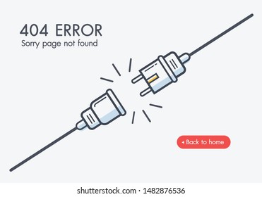 404 error Electric Plug and Socket unplugged. creative minimal design web banner. Electrical theme web banner, disconnection, loss of connect.