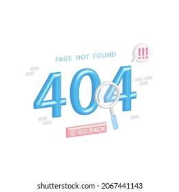 404 error with exclamation marks on internet on website. Vector page not found, broken. 3D magnifier searches for lost online data, information.