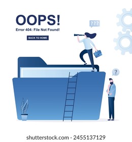 404 Error, file not found - web page template. Group of clerk search files in data folder. File manager, documents in database. Errors and problems in network. Flat Vector illustration