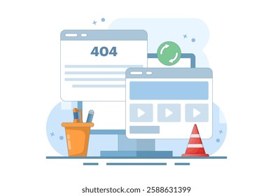 404 error fix concept, 404 Redirect, Website page redirect, System error, warning or maintenance, Fix server error. Flat vector illustration on background.