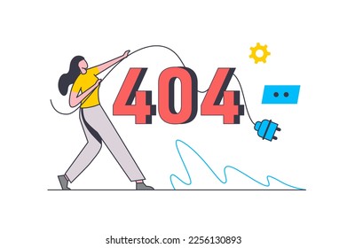 404 error flat line concept. Woman holding cable, seeing internet problem and disconnect message and fixes technical problem at computer. Vector illustration with outline people scene for web design
