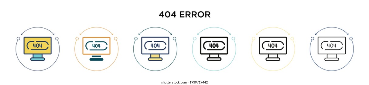 404 error icon in filled, thin line, outline and stroke style. Vector illustration of two colored and black 404 error vector icons designs can be used for mobile, ui, web