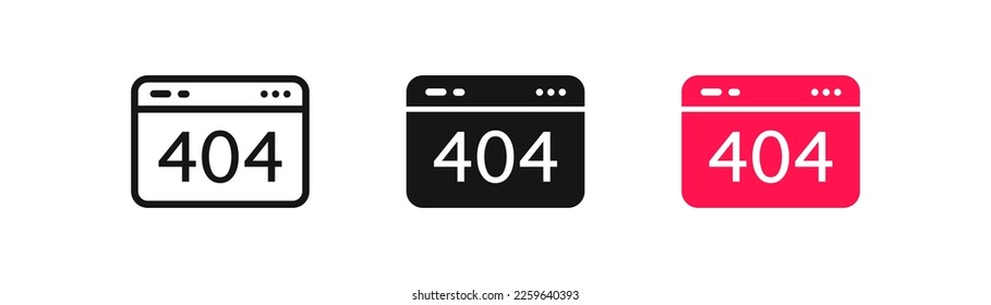 404 error icon. Page not found symbol. Message on computer signs. Website warning symbols. PC problem icons. Black and red color. Vector isolated sign.