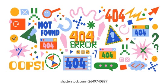404 error icons in retro cartoon style. Geometric memphis interface elements: warning signs, broken symbols, text messages, question marks, pixel windows, arrows, crosses. Website error