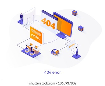 404 error isometric web banner. System updates, internet disconnect isometry concept. Web page not found 3d scene, site undergoing maintenance flat design. Vector illustration with people characters.