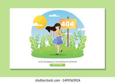404 error landing page with woman lost in nature searching on map